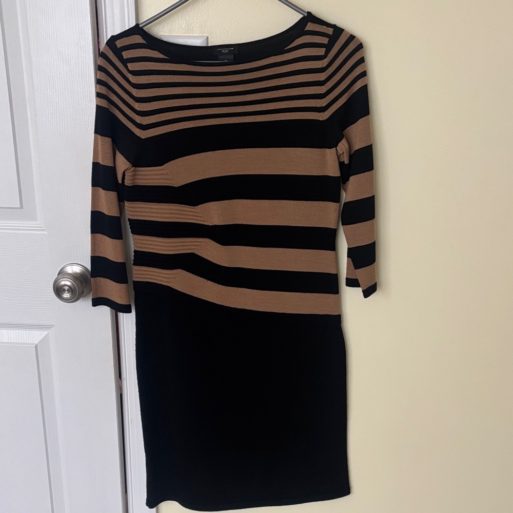 Ann Taylor Striped Black and Tan Long Sleeve Dress